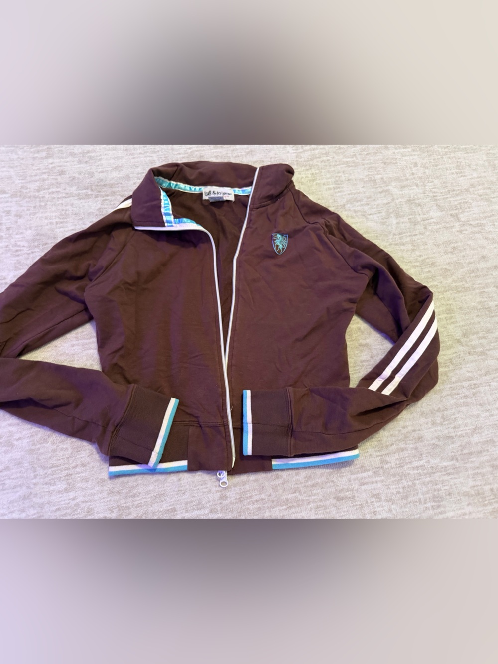 Self Esteem Brown Zip-Front Track Jacket with White Stripes—vintage Y2K.